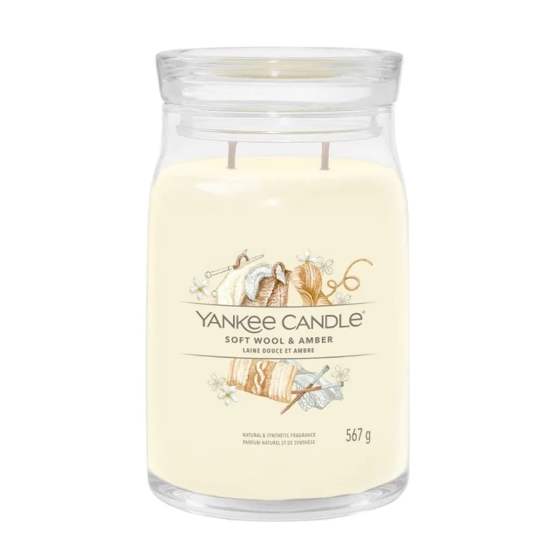 Lumânare Yankee Candle Signature Lumânare într-un borcan mare cu două fitiluri Lână moale și chihlimbar