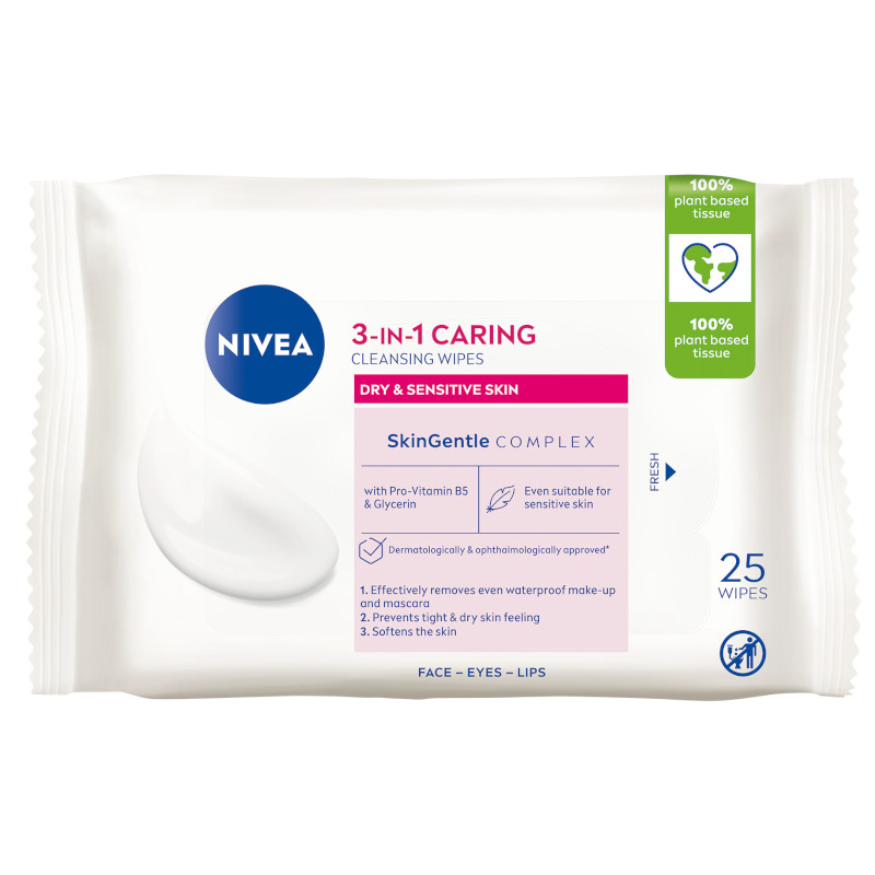 Șervețele demachiante calmante NIVEA 3în1 pentru piele uscată și sensibilă, 25 buc.