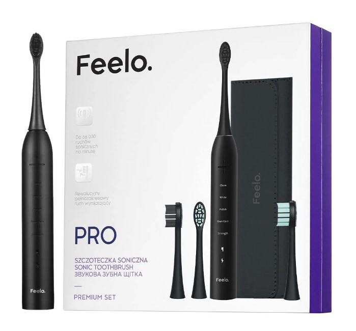 Set premium de periuțe de dinți sonice Feelo PRO Black Premium Set cu husă de depozitare și 4 vârfuri