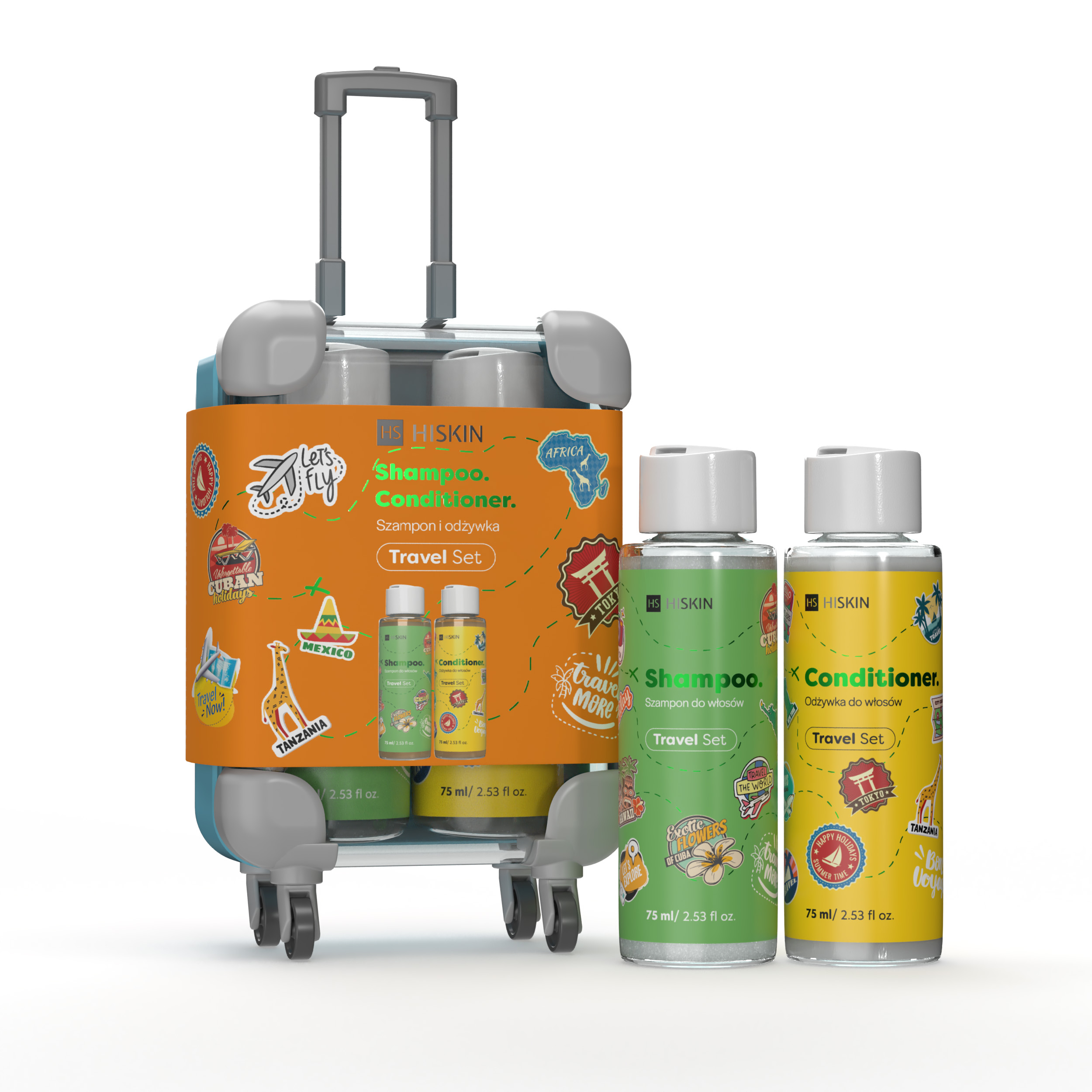 HISKIN Șampon + balsam de dimensiuni de călătorie într-o valiză