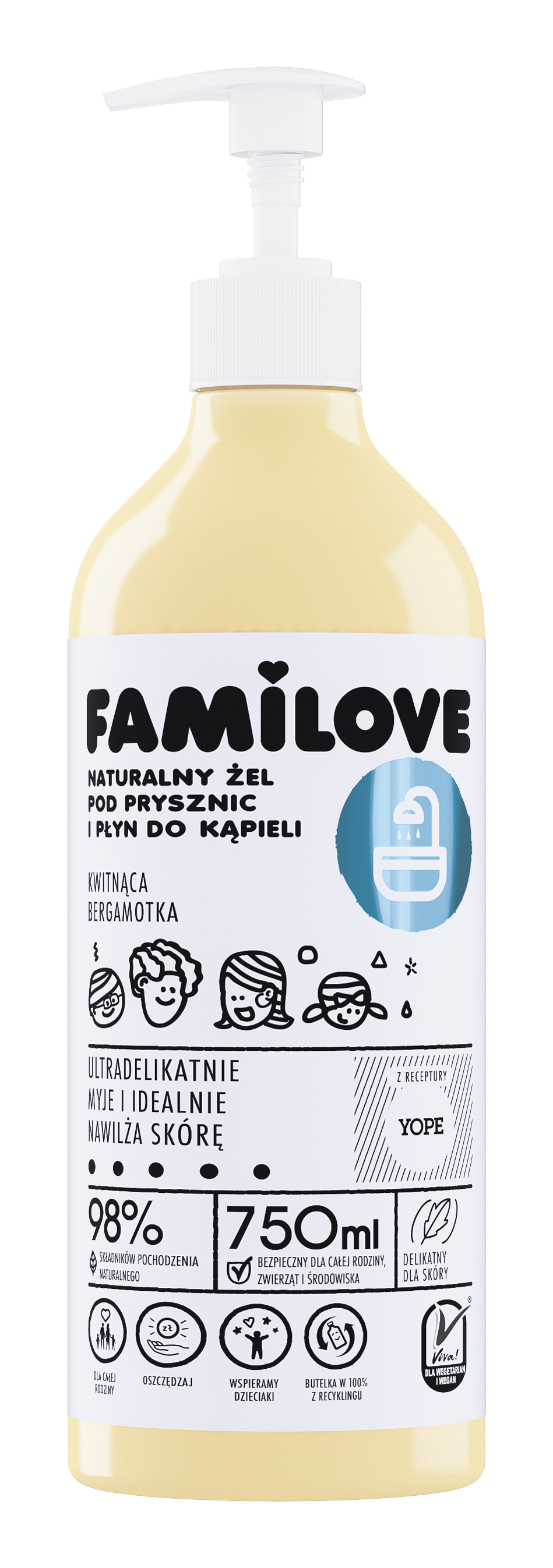 Gel de duș și loțiune de baie naturală Yope Familove Blossoming Bergamot 750ml