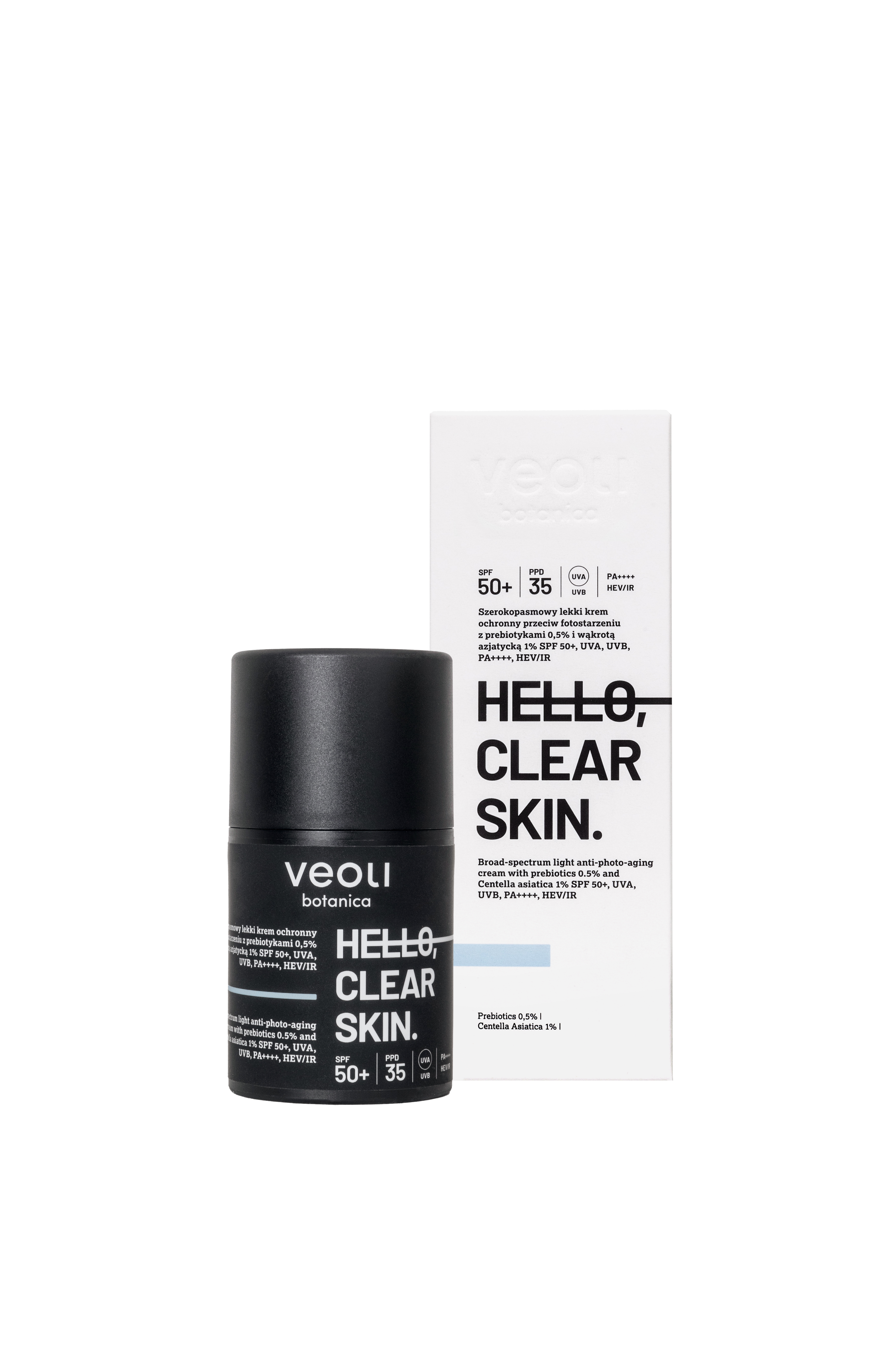 Veoli Botanica Hello Clear Skin Cremă cu spectru larg de protecție împotriva luminii SPF50+ cu prebiotice și centella asiatică 50ml