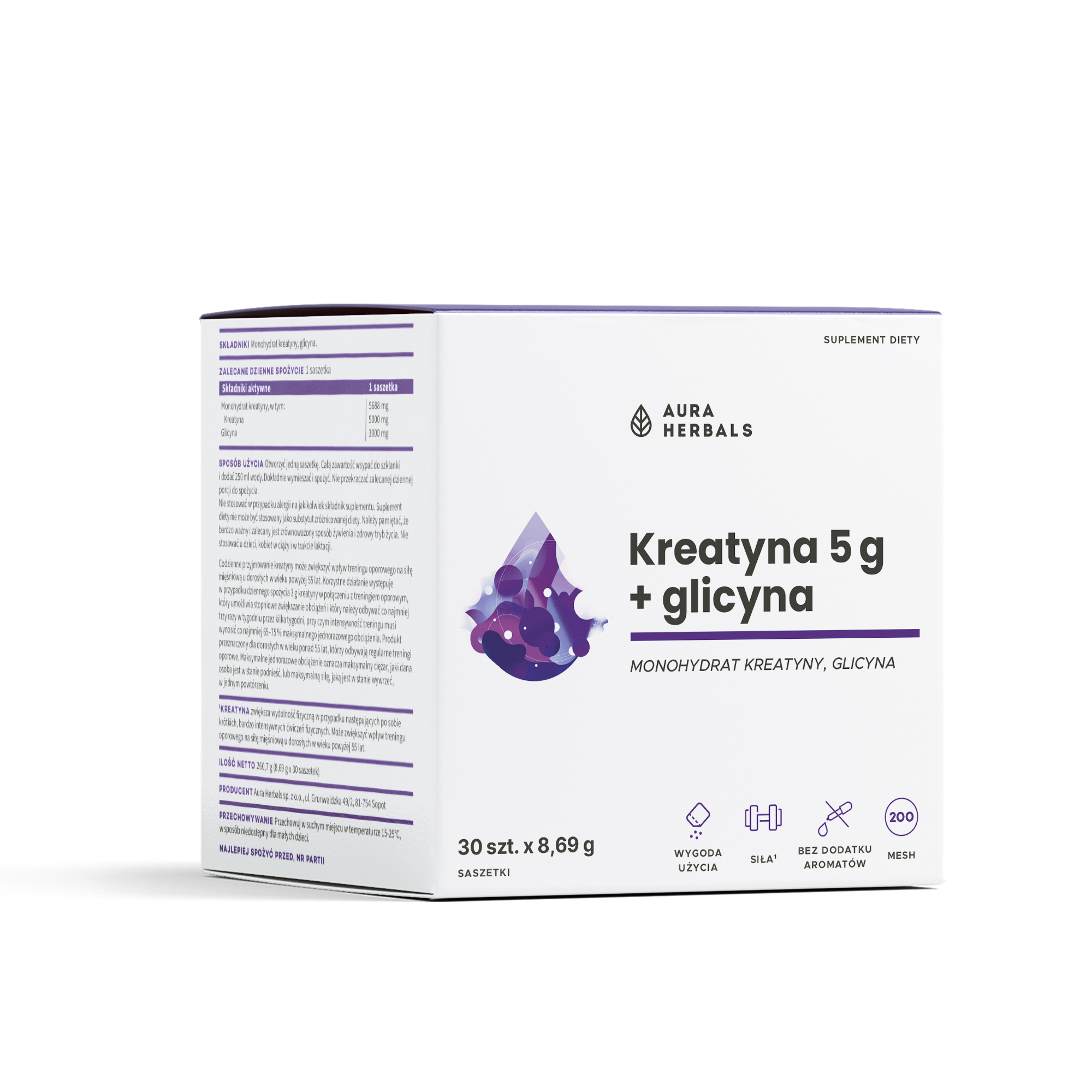 Aura Herbals Creatine 5g + Glycine Supliment alimentar 30 pliculețe