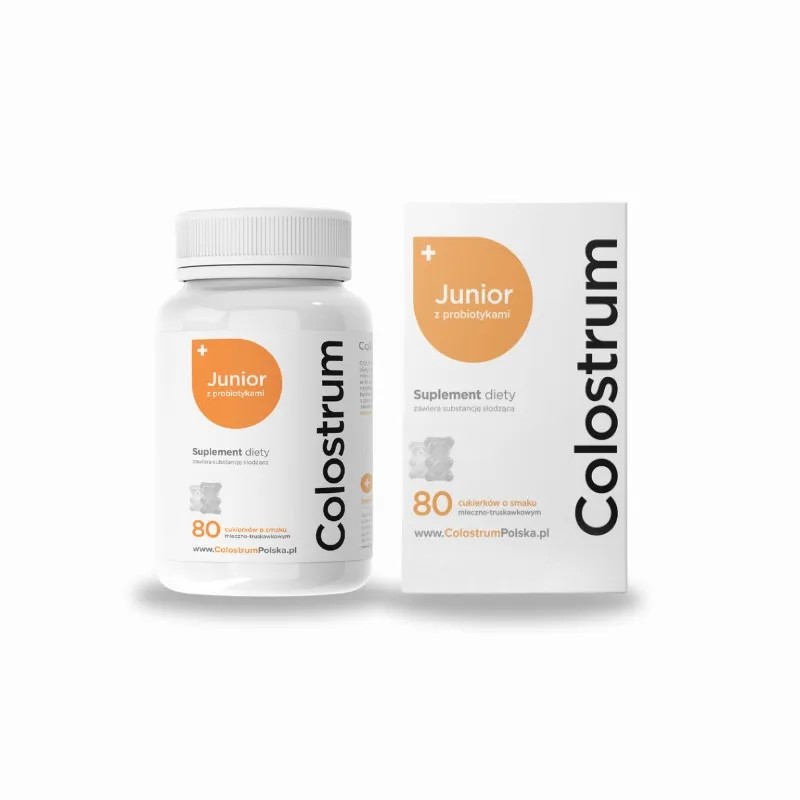 Colostrum Junior cu probiotice Supliment alimentar 80 de prăjituri cu aromă de lapte și căpșuni