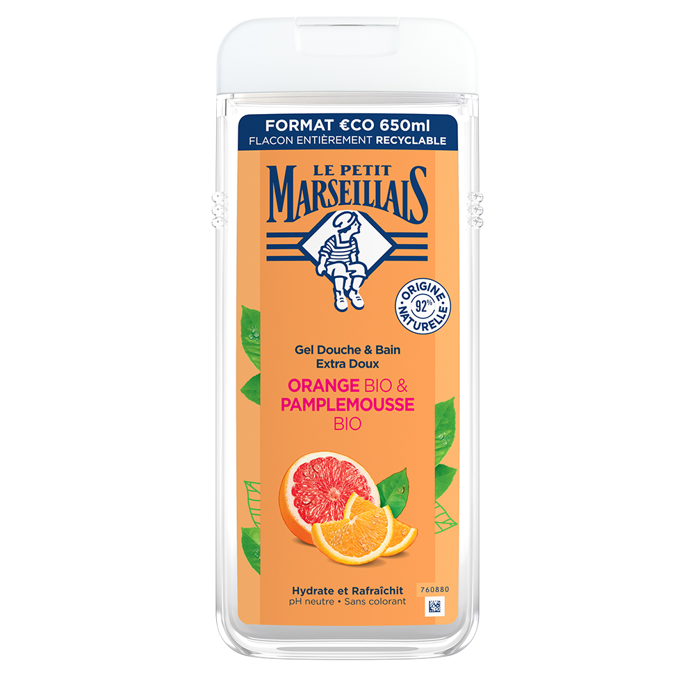 Le Petit Marseillais Gel de duș și baie delicat 2 în 1 Bio Orange și Grapefruit 650ml