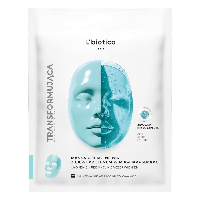 Lbiotica Mască de colagen cu CICA și Azulene în microcapsule Liniștitoare și reducătoare de roșeață
