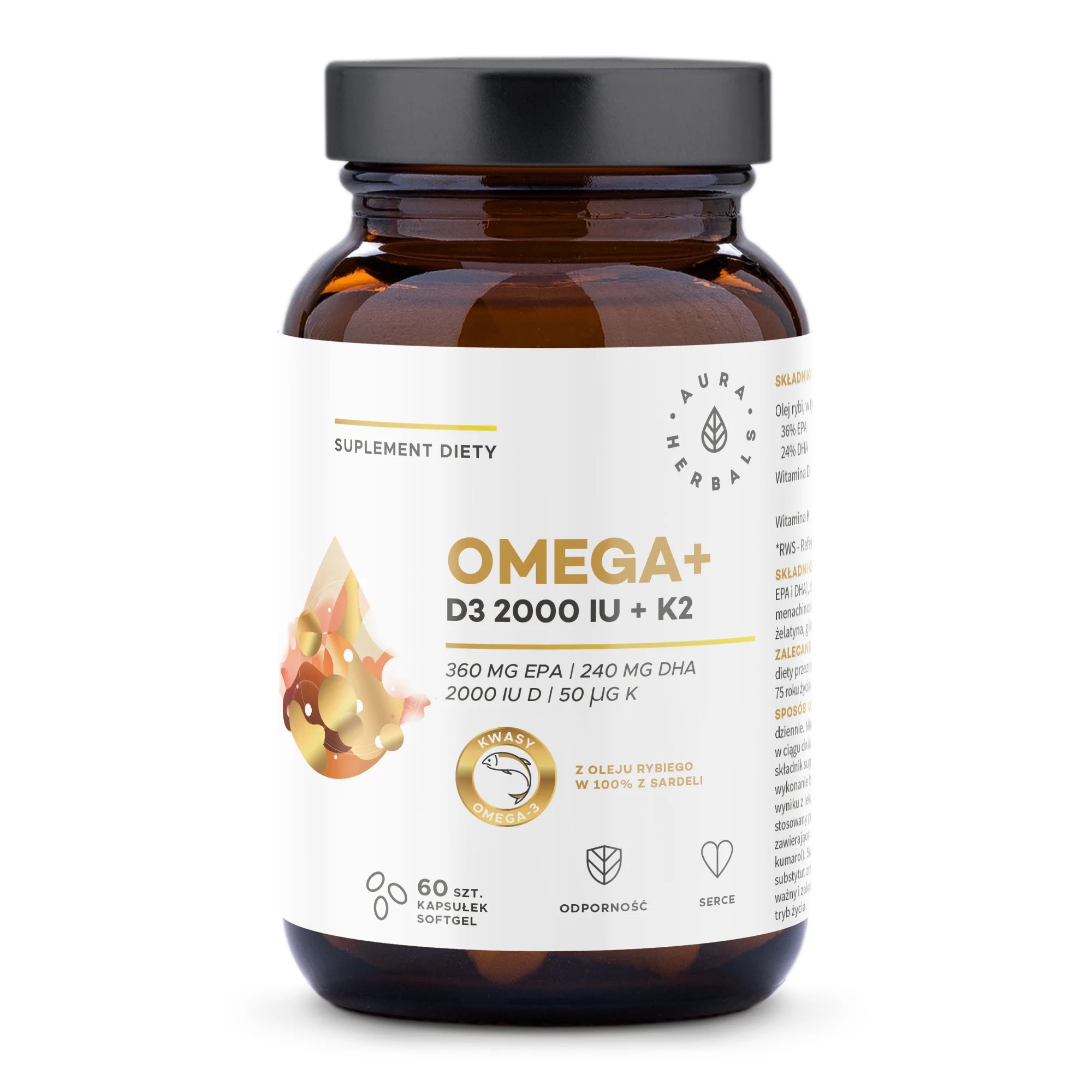 Aura Herbals Omega + D3 2000 UI + K2 Supliment alimentar 60 capsule softgel