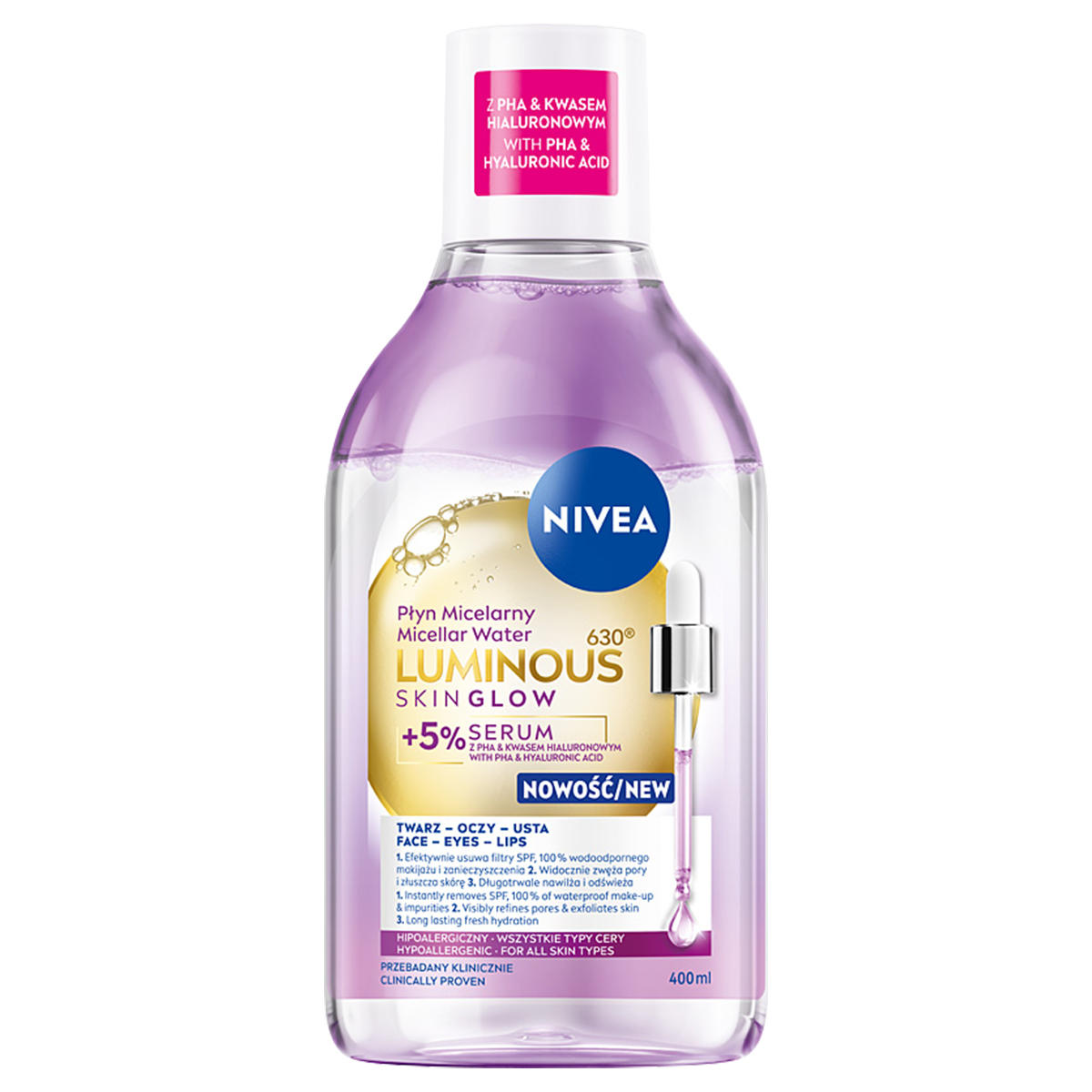 NIVEA Luminous630 Skin Glow Loțiune micelară cu 5% ser și acid hialuronic 400ml