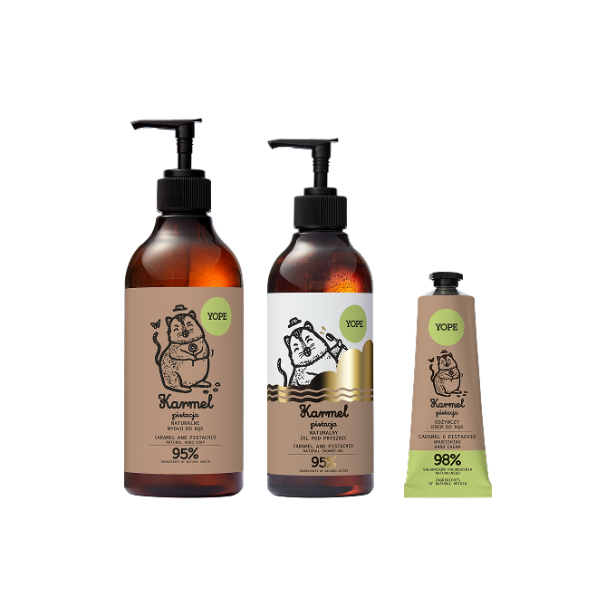Yope Pistachio Caramel Săpun de mână + Gel de duș + Set cremă de mâini