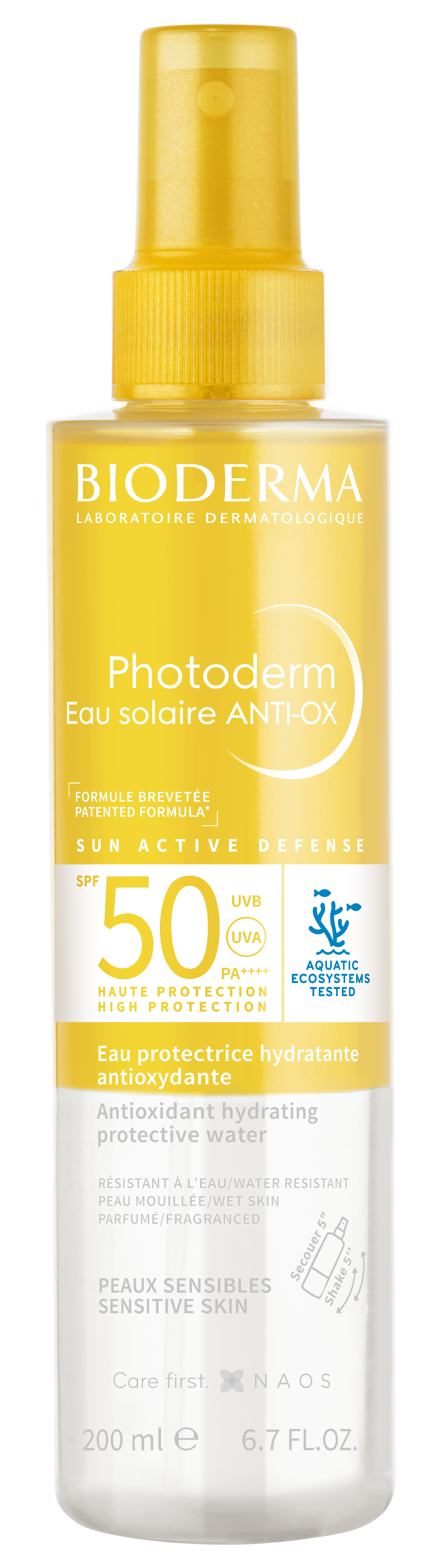 Bioderma Photoderm Eau Solaire Anti-Ox Protecție solară bifazică cu filtru SPF50+ pentru față, corp și păr 200ml