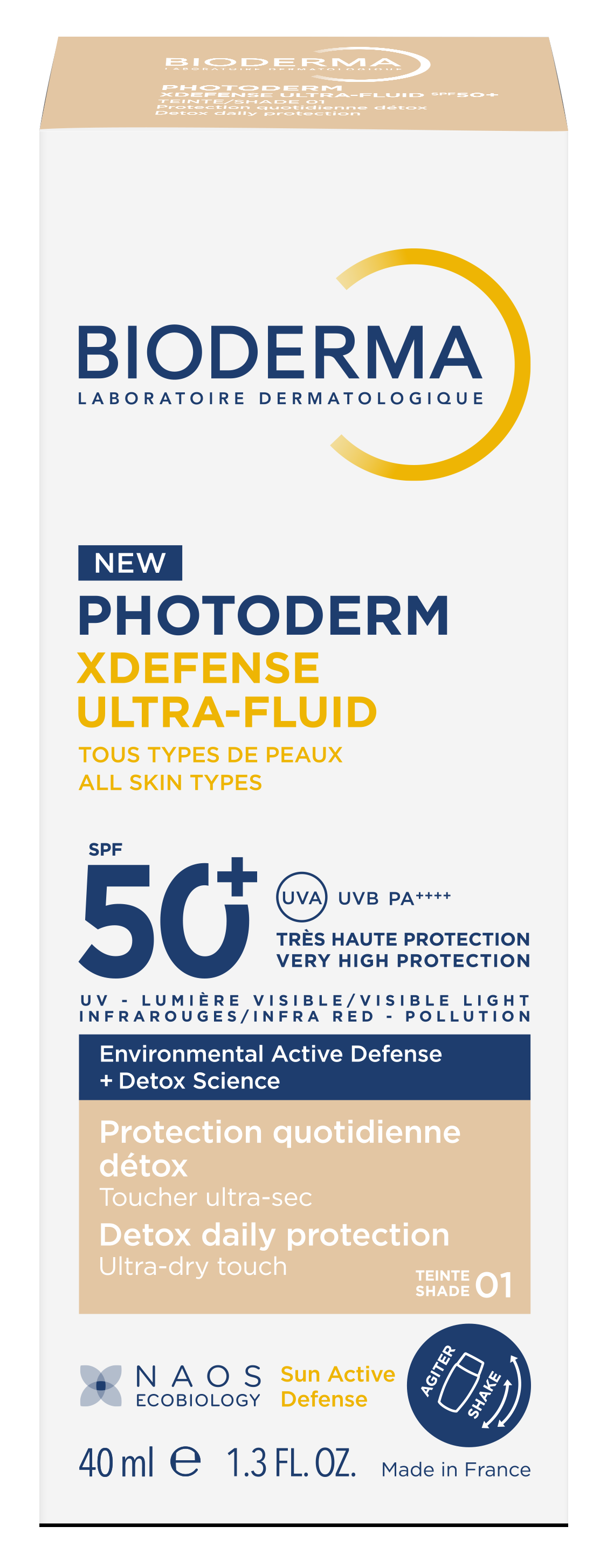 Bioderma Photoderm Xdefense Ultra-Fluid Fluid protector ultra-ușor cu SPF50+ Protecție solară detoxifiantă nuanță 01 40ml
