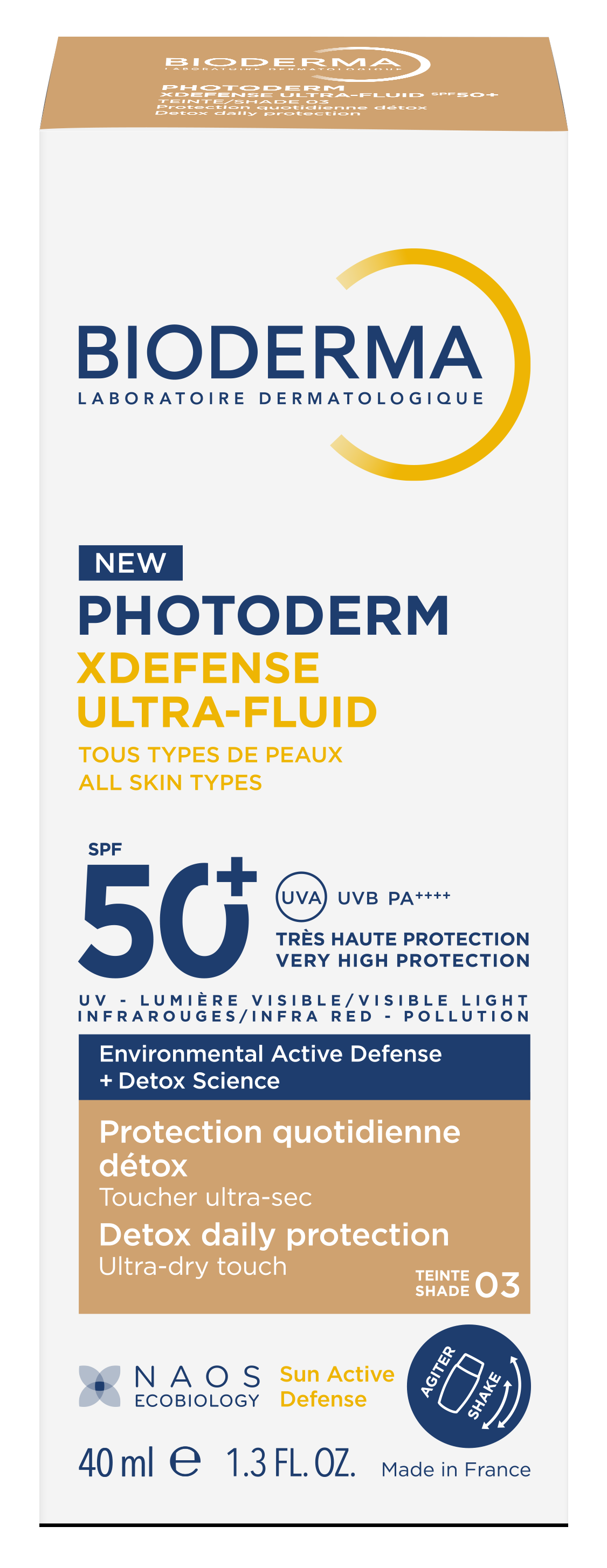 Bioderma Photoderm Xdefense Ultra-Fluid Fluid protector ultra-ușor cu SPF50+ Protecție solară detoxifiantă nuanță 03 40ml