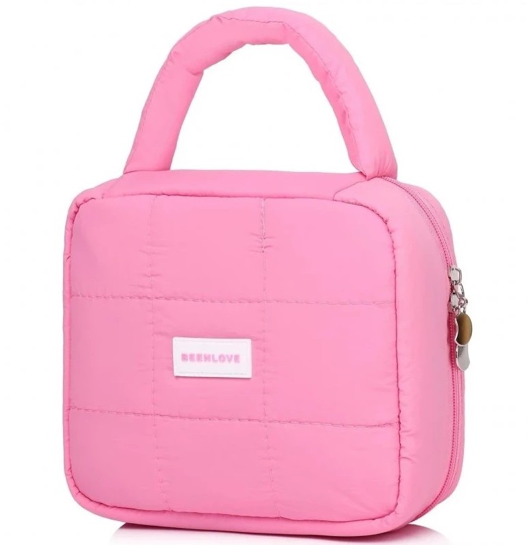eCarla Pink Quilted Cosmetic Bag with Handle KS139R