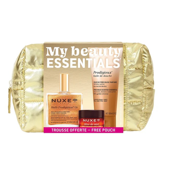 Set de îngrijire a pielii NUXE My Beauty Essentials într-o geantă cosmetică