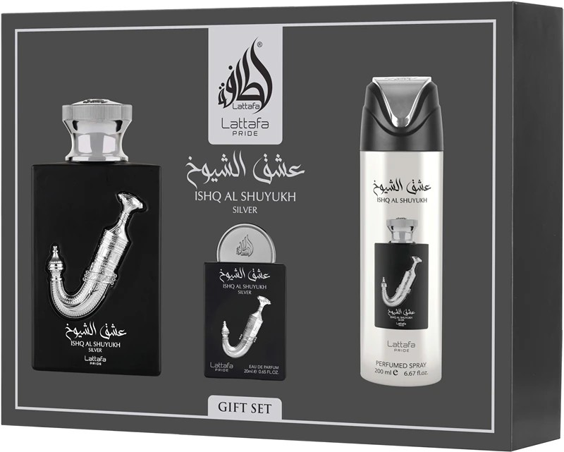 LATTAFA Ishq Al Shuyukh Silver Unisex Set Apă de Parfum Parfumată 100ml+20ml + Deodorant + Atomizor