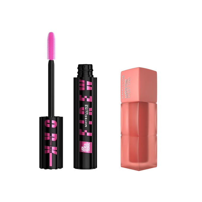 Maybelline Lash Sensational Firework Mascara Set Electro Black + Super Stay Teddy Tint Lipstick 10 Current Mood