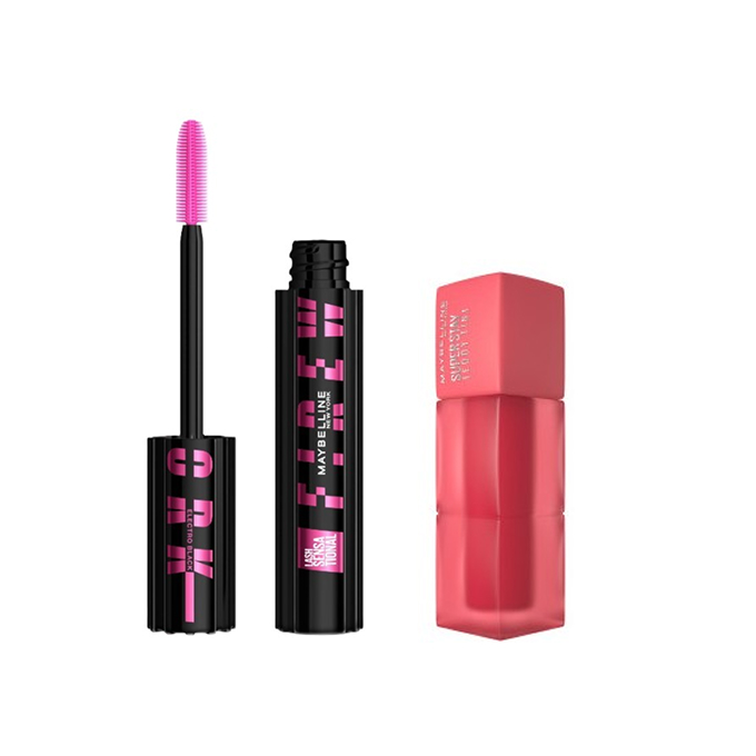 Maybelline Lash Sensational Firework Mascara Set Electro Black + Super Stay Teddy Tint Lipstick 40 Petalcore