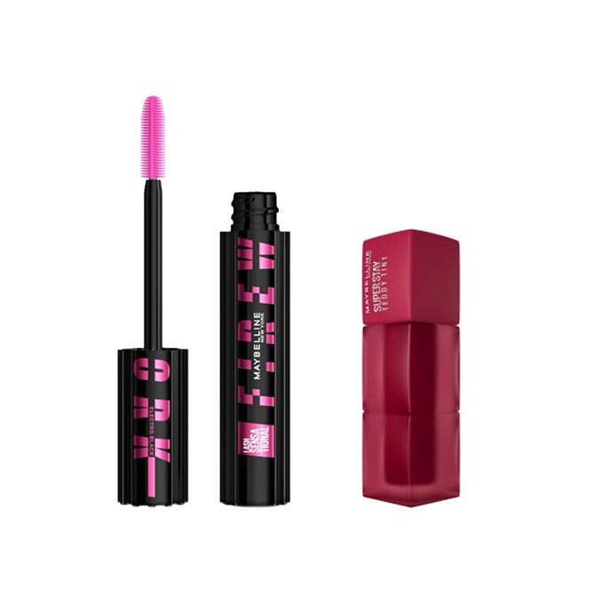Maybelline Lash Sensational Firework Mascara Set Electro Black + Super Stay Teddy Tint Lipstick 50 Wild At Heart