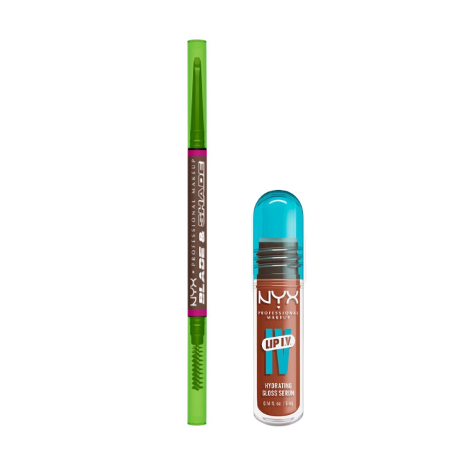 NYX Professional Makeup Blade &amp; Shade Set Creion sprâncene 09 Brunette + Lip IV Hydrating Gloss Serum Lip Gloss 01 Caramel Drip