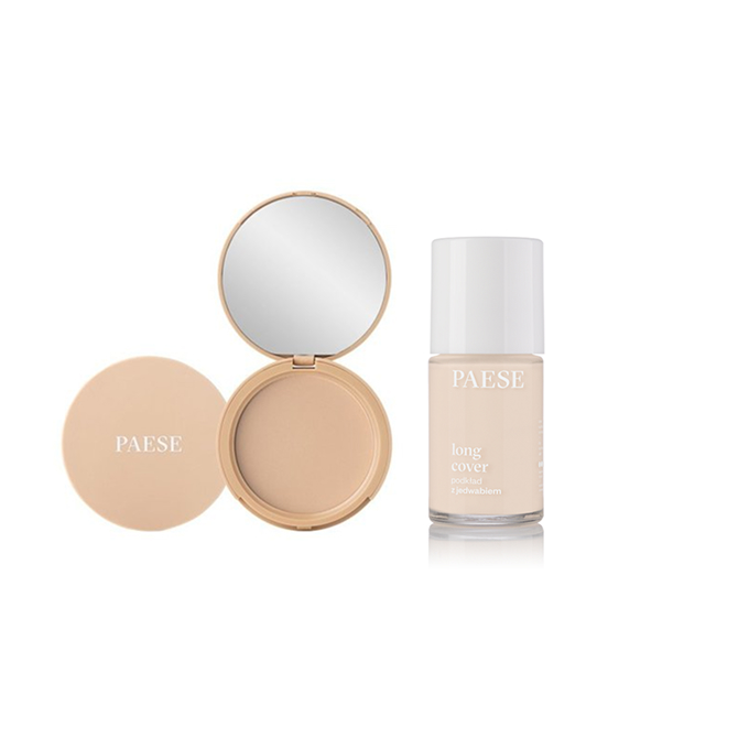 PAESE Long Cover Foundation Set cu Silk 01N Porcelain + pudră matifiantă cu ulei de argan 1