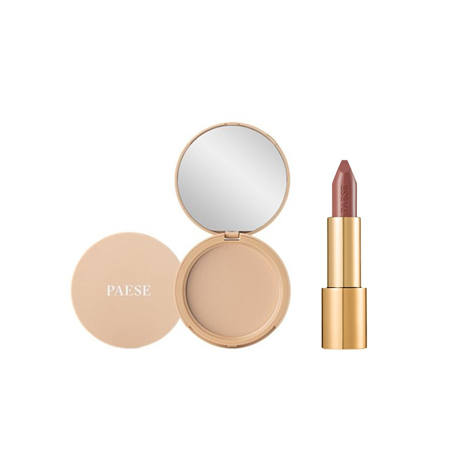 Set PAESE Pudră matifiantă cu ulei de argan 1 + Ruj NUDElightful 409 Cinnamon Latte