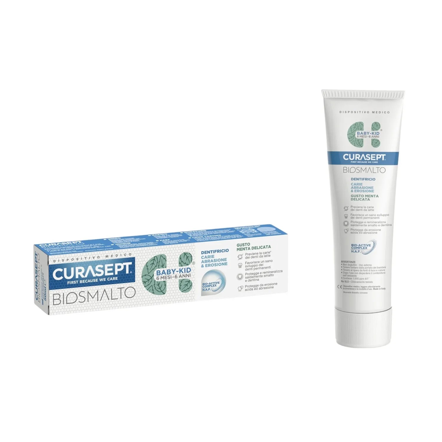 Curasept Biosmalto Baby-Kid Pastă de dinți pentru copii împotriva cariilor, eroziunii și abraziunii, cu gust delicat de mentă, 50 ml