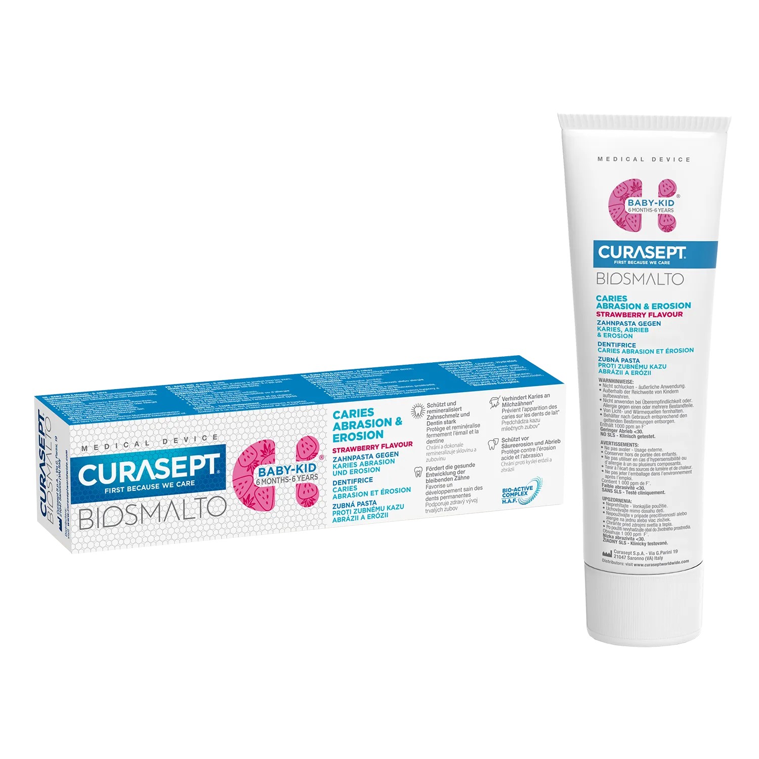 Curasept Biosmalto Baby-Kid Pastă de dinți pentru copii împotriva cariilor, eroziunii și abraziunii, cu aromă de căpșuni, 50 ml
