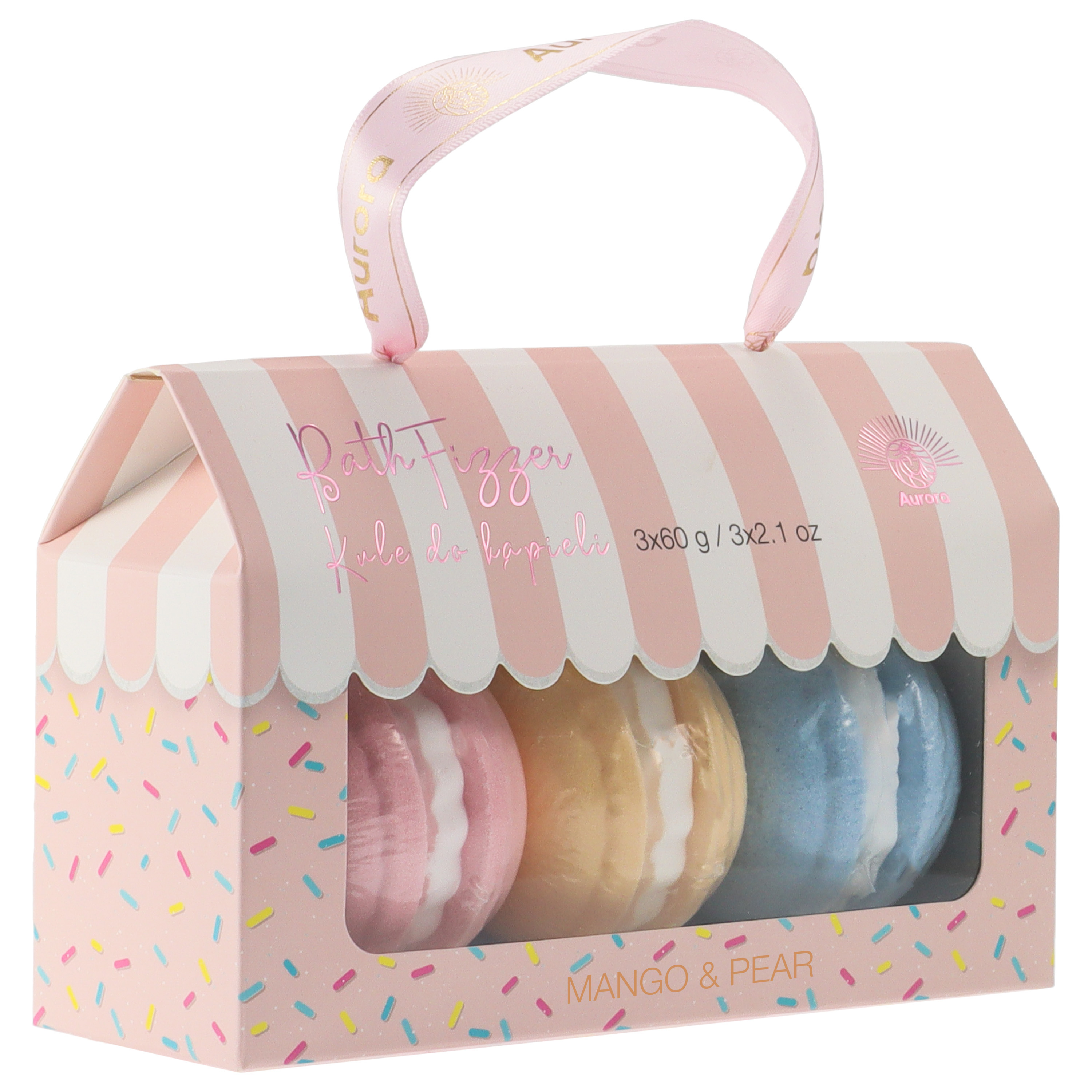 Aurora Set de bile de baie în formă de macarons cu aromă de mango și pară, 3 bucăți