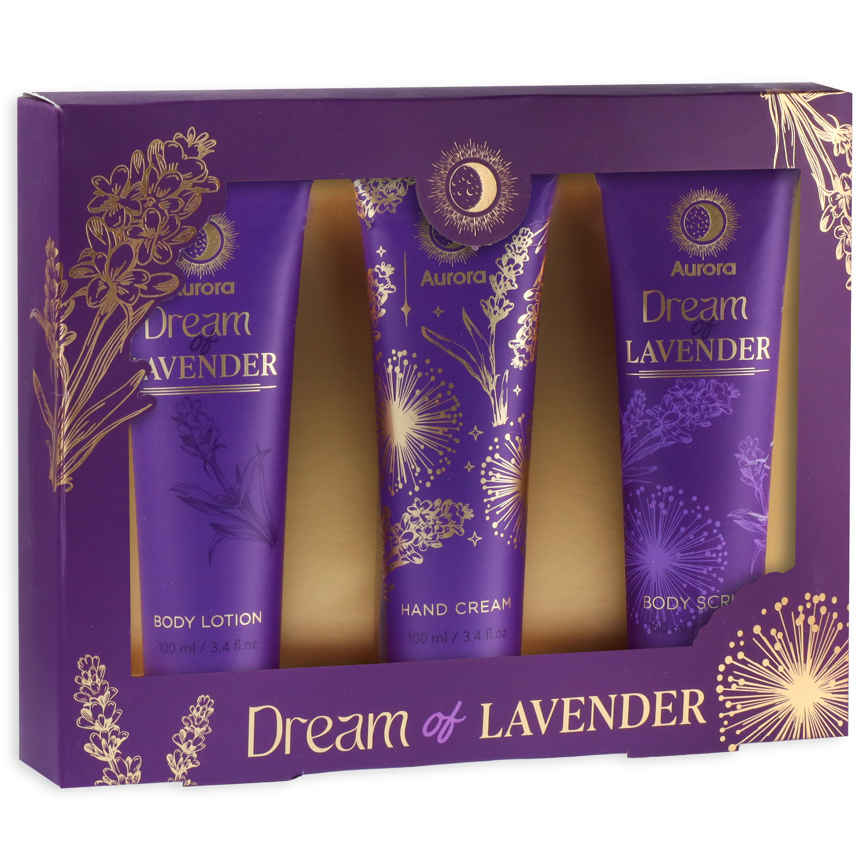 Aurora Set de produse cosmetice pentru îngrijirea corpului Dream of Lavender - Cremă de mâini + Balsam de corp + Exfoliant