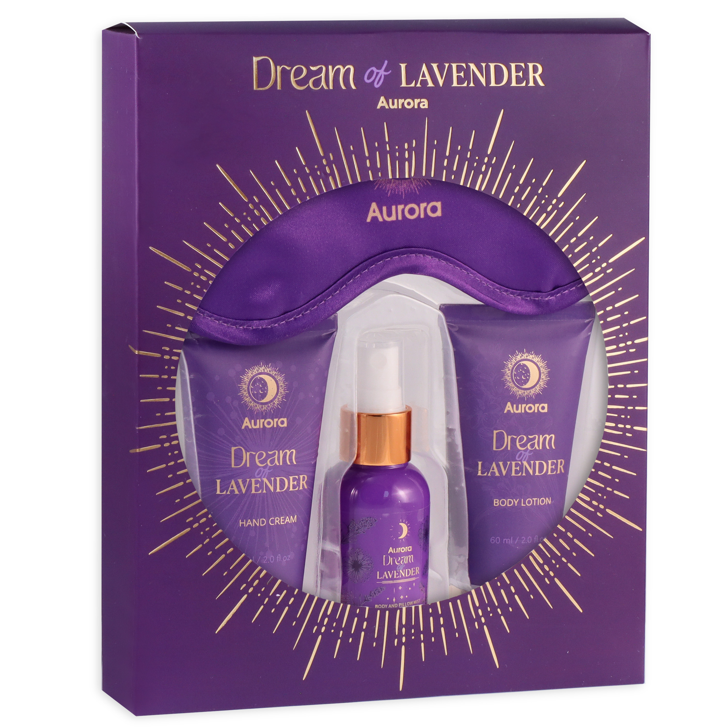 Aurora Set de produse cosmetice pentru îngrijirea corpului Dream of Lavender - Cremă de mâini + Balsam de corp + Spray + Bandă pentru păr