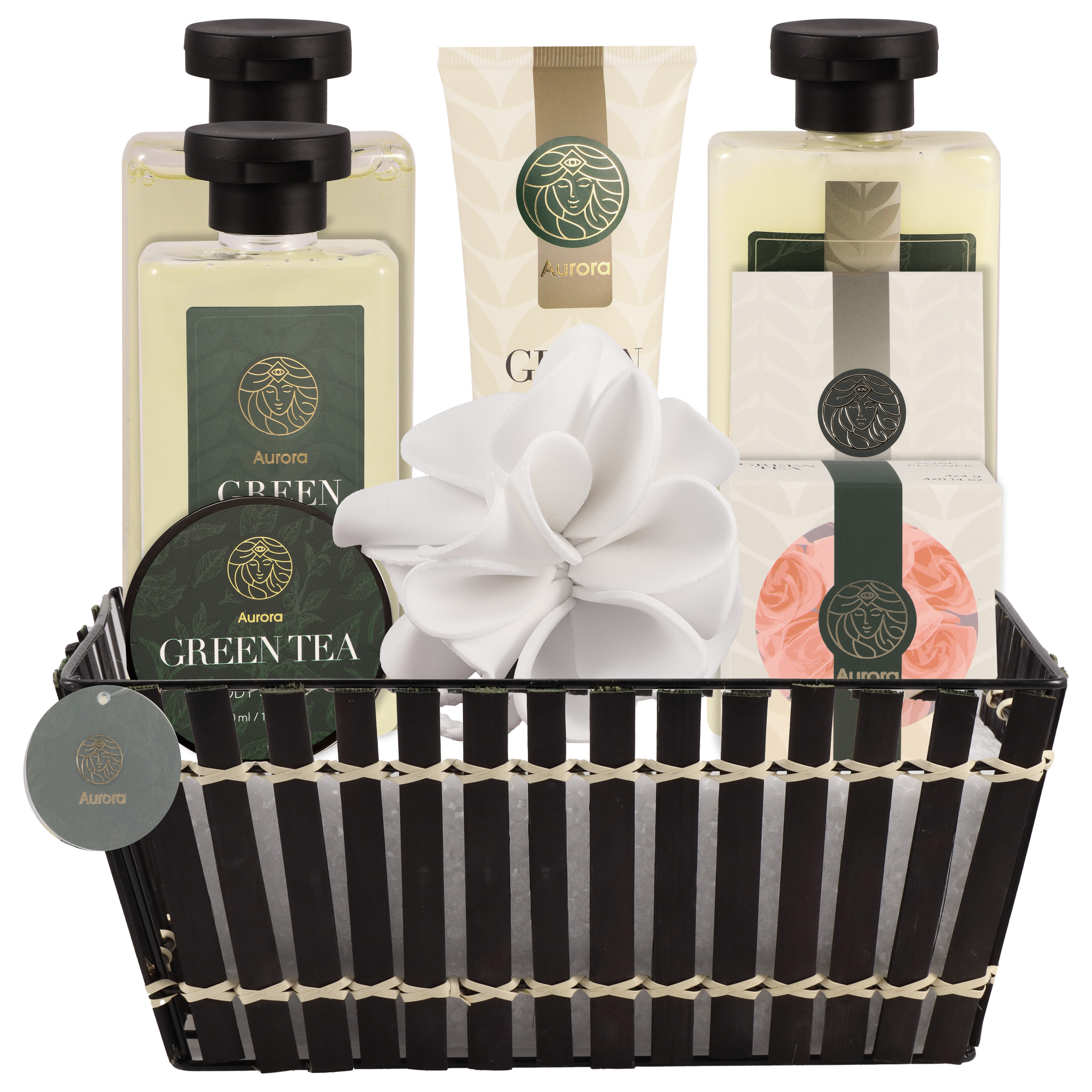 Setul de produse cosmetice Aurora pentru îngrijire, în coș, cu aromă de ceai verde