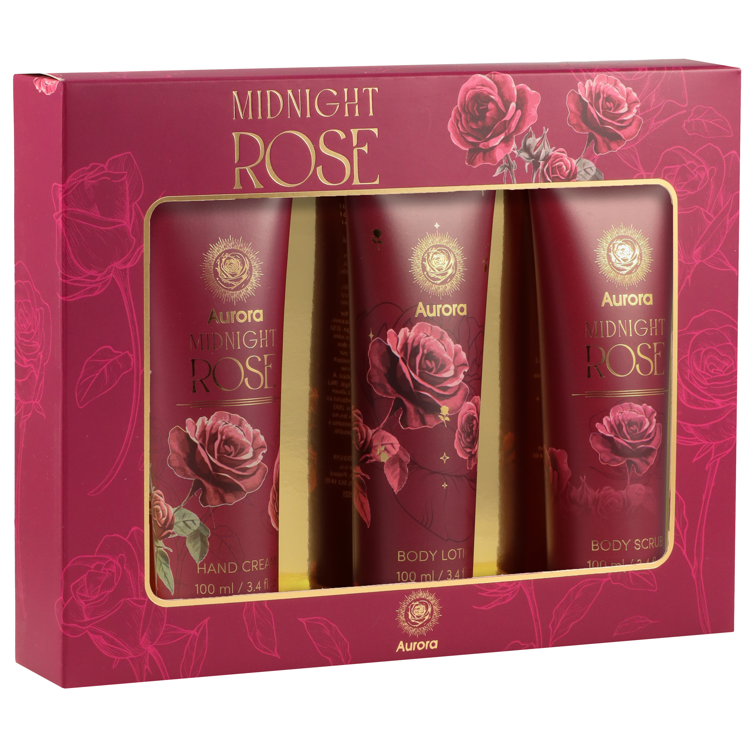 Aurora Set de produse cosmetice pentru îngrijirea corpului Midnight Rose: Cremă de mâini + Balsam de corp + Exfoliant